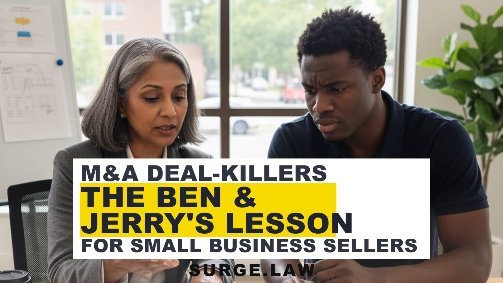Two business owners reviewing an acquisition agreement at a conference table