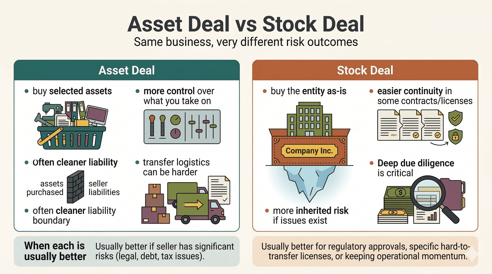 Side-by-side comparison of asset deal and stock deal tradeoffs