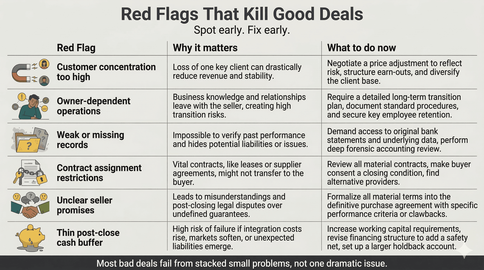 Warning visual highlighting common red flags that can kill business acquisition deals