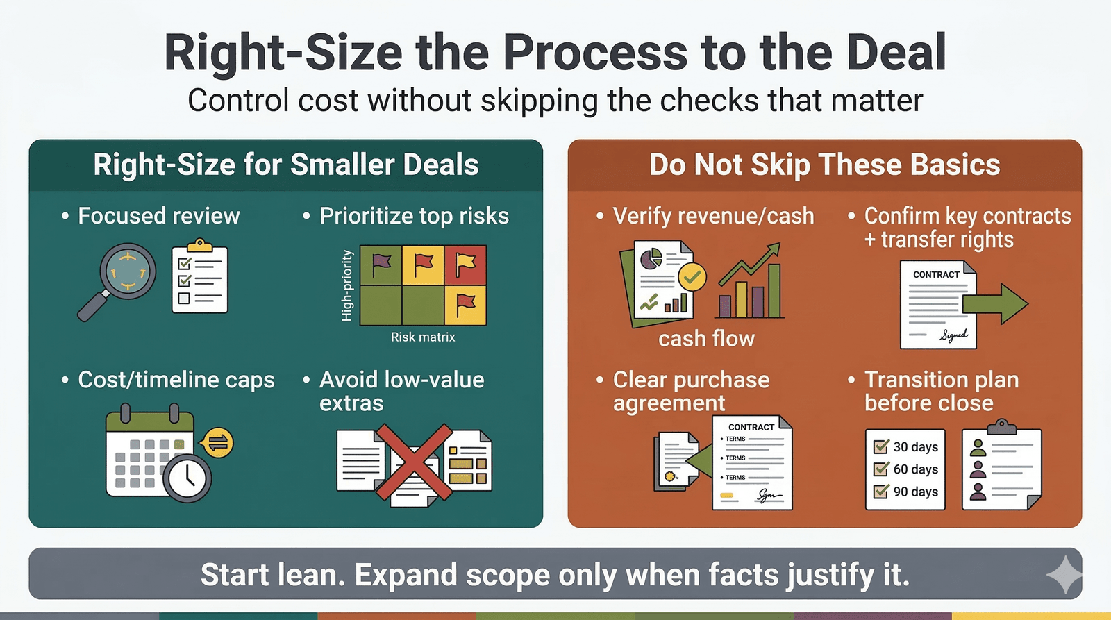 Illustration comparing a right-sized process for smaller deals with required baseline checks
