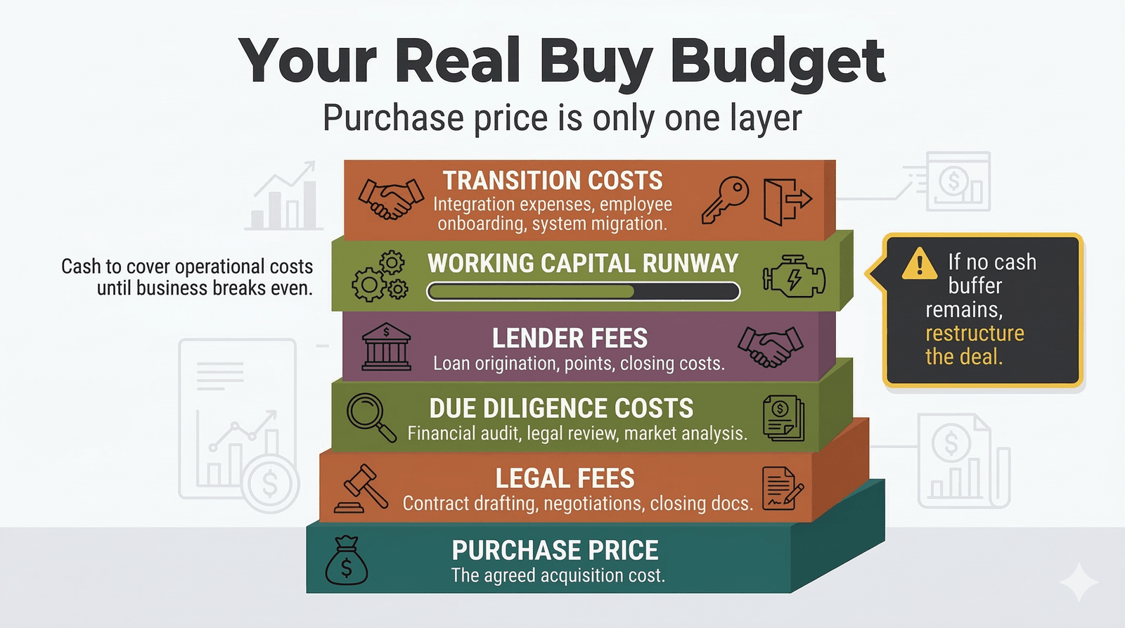 Budget visual showing purchase price, fees, and post-close working capital