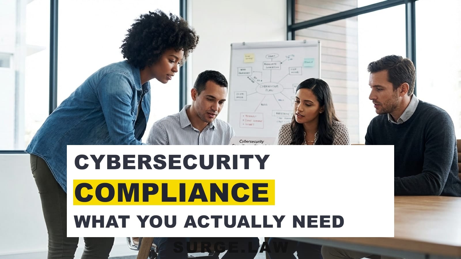 Small business team reviewing cybersecurity compliance checklist