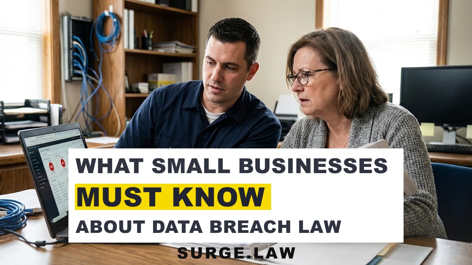 Small business owner reviewing data security compliance documents