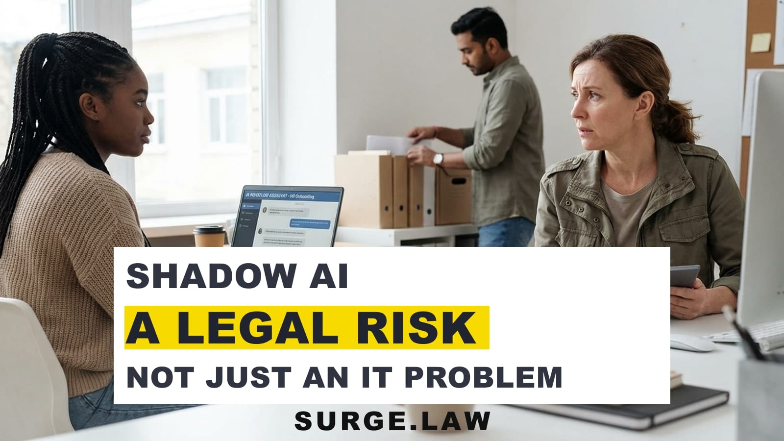 Employee using AI tools on laptop in office setting