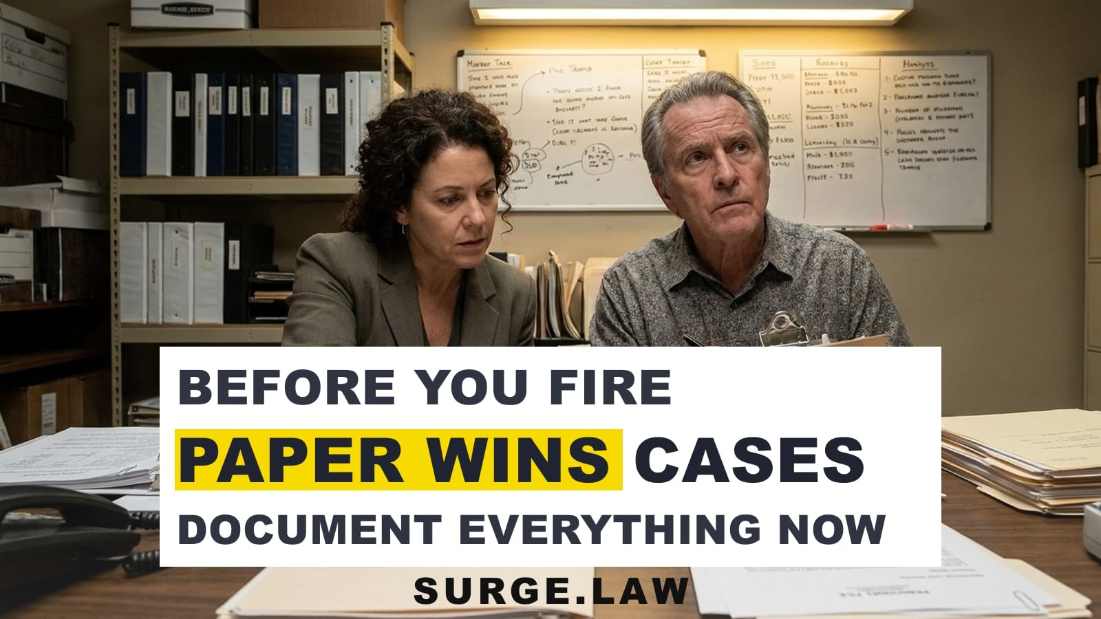 A small-business owner and manager review signed employee discipline documents at a desk in a back office.