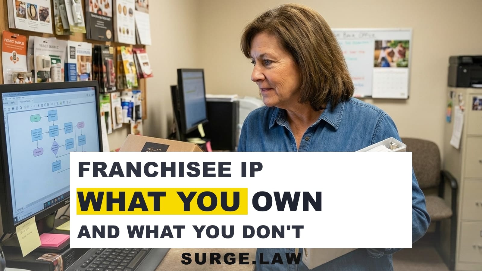 Franchise business owner reviewing branded materials and ownership documents