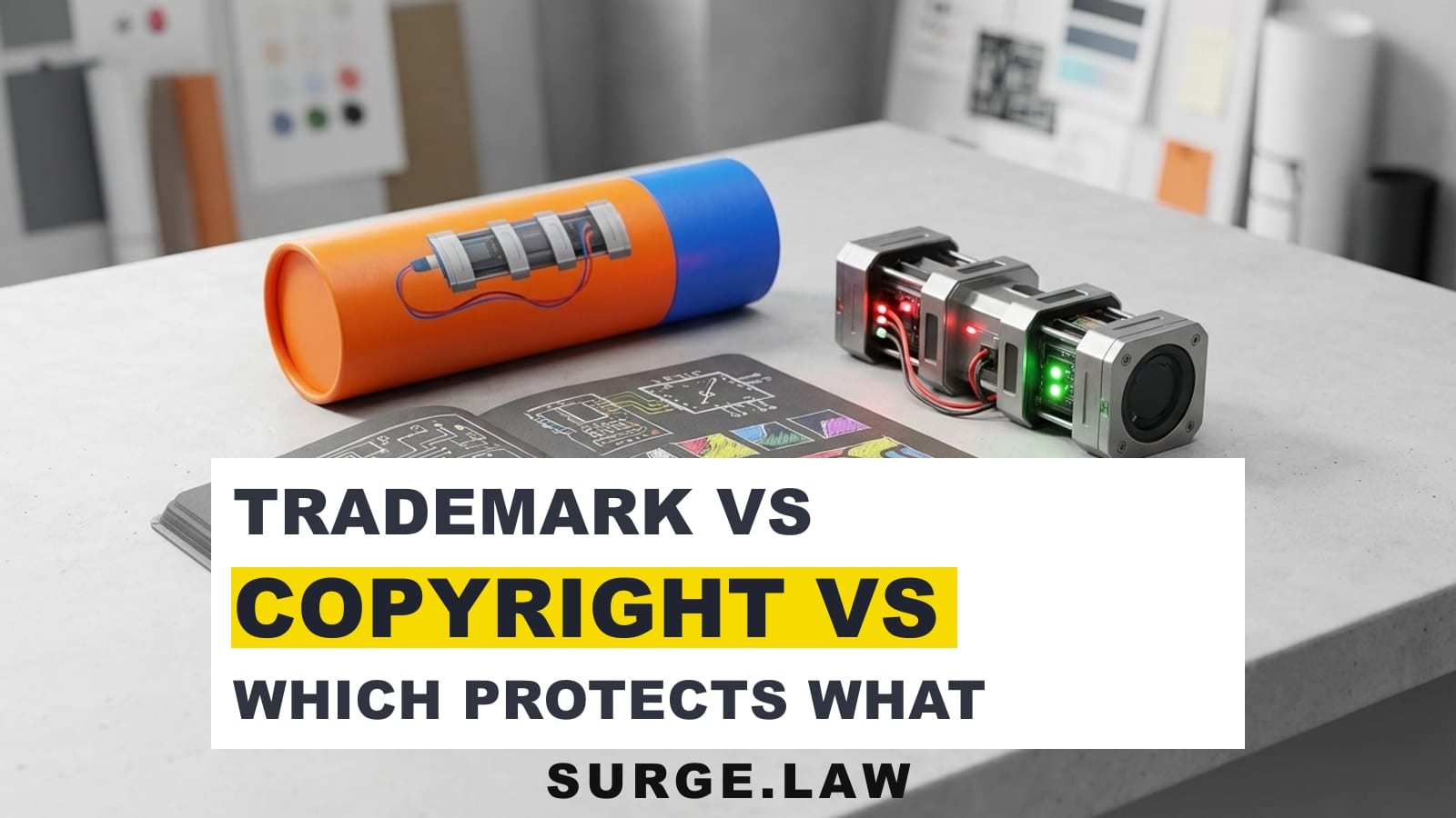 Product packaging, creative work, and a gadget prototype representing different forms of IP protection