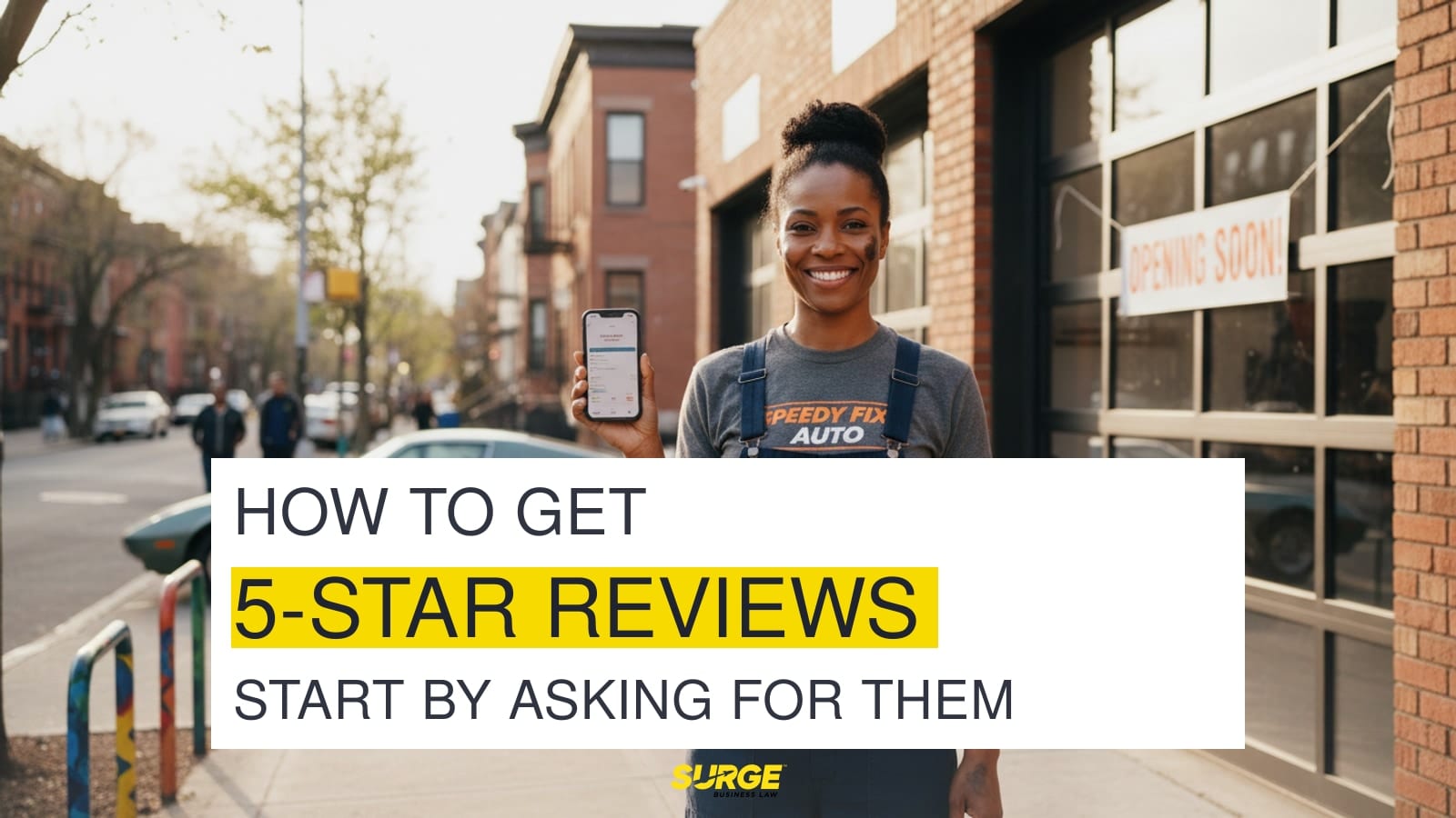 Small business owner asking a happy customer to leave a review on a phone