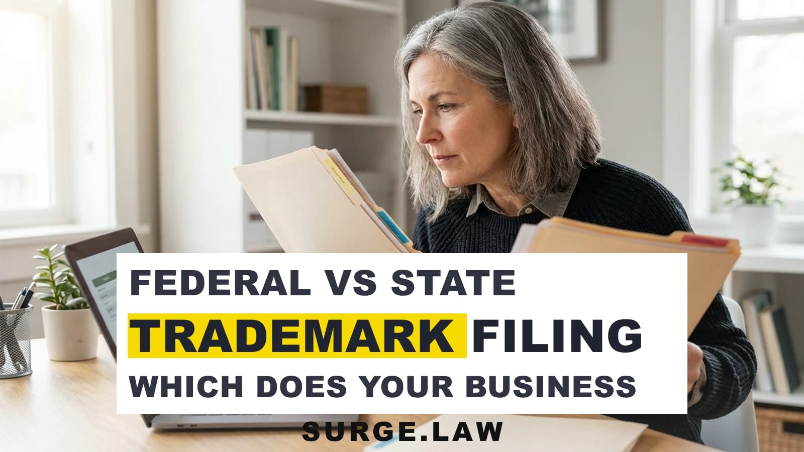 Business owner comparing two trademark filing options at a desk