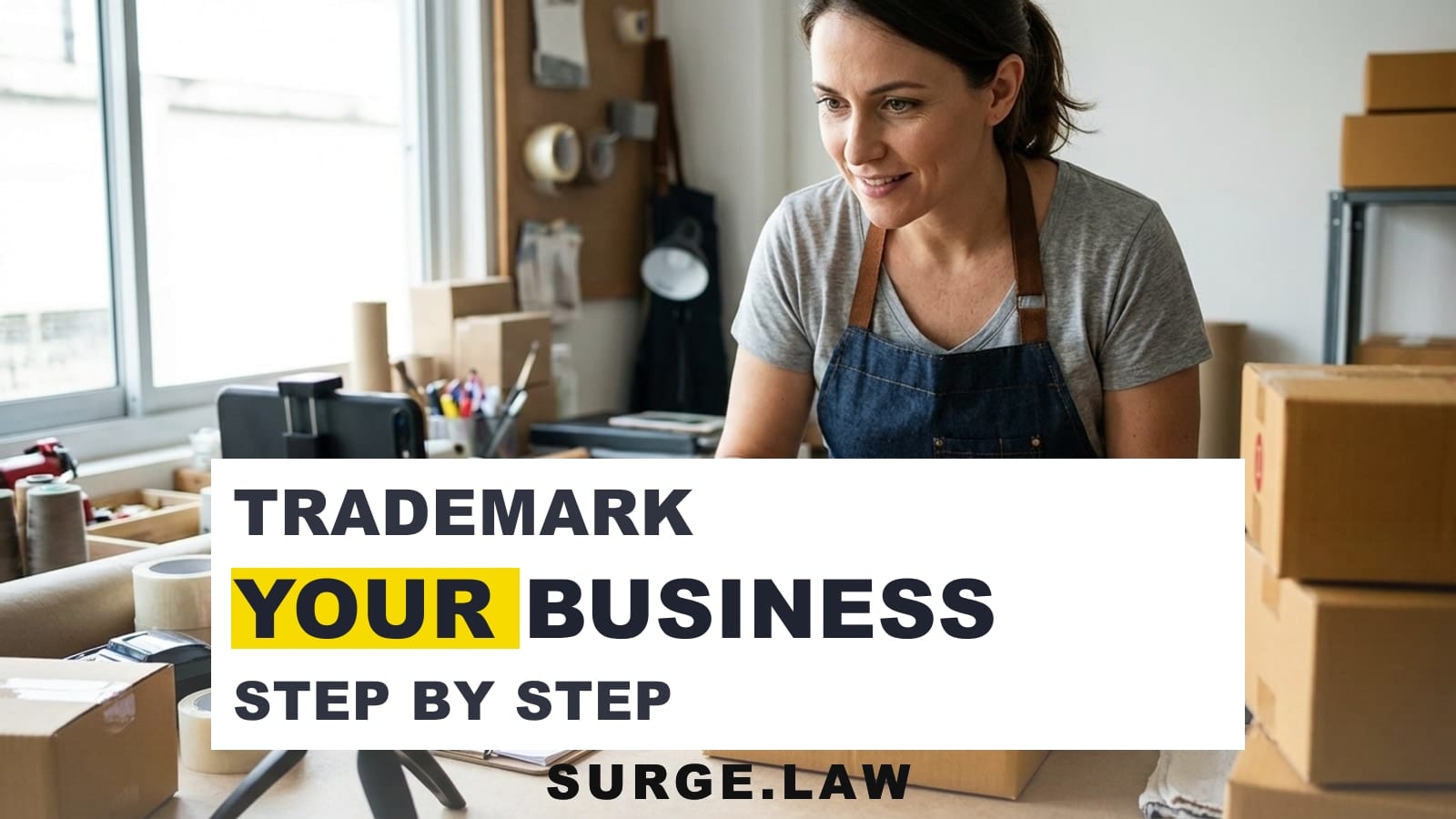 Small business owner applying branding to product packaging while preparing to trademark the business