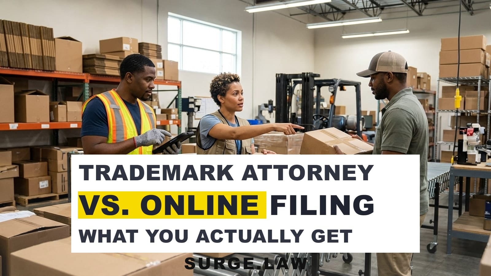 Business owner reviewing trademark filing options on a laptop with legal documents nearby