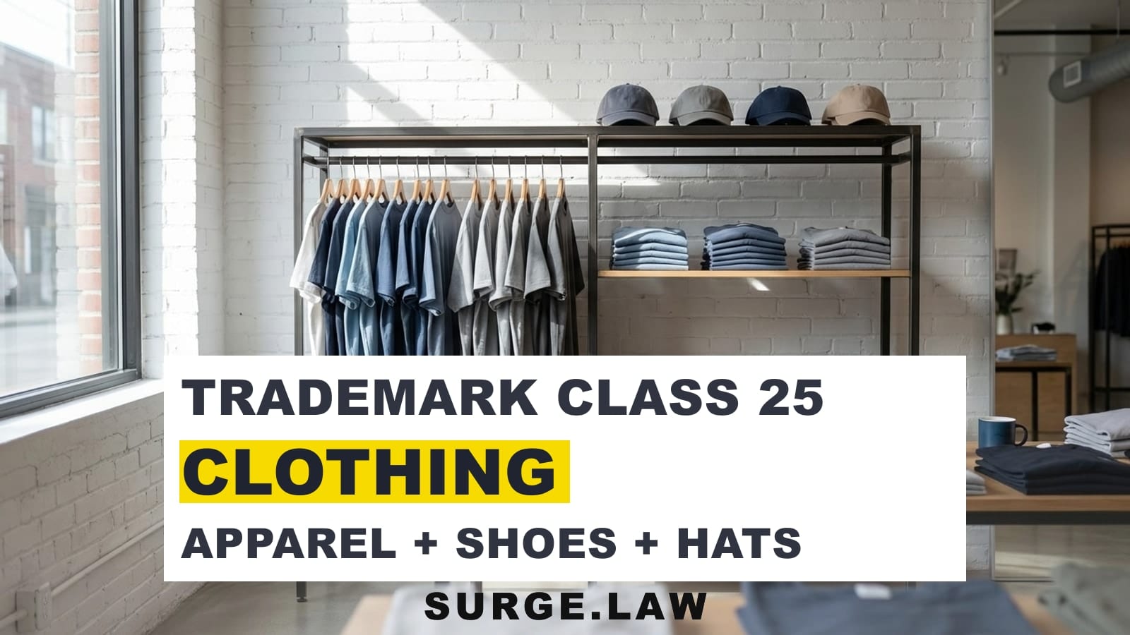 Clothing rack with sneakers, hats, and folded apparel representing trademark class 25 goods