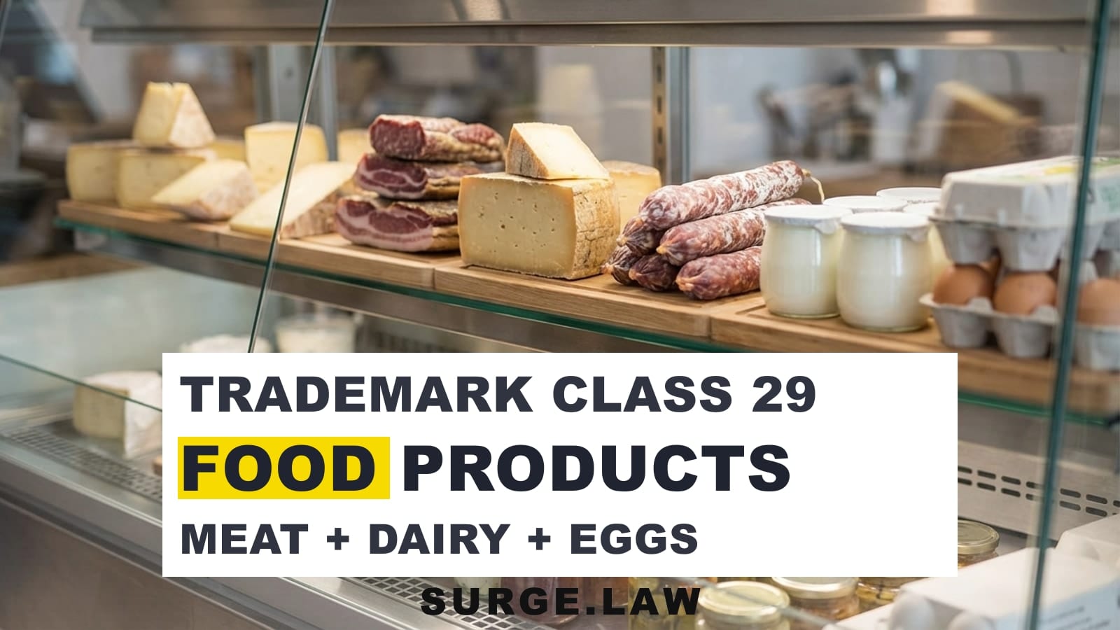 Packaged cheese, eggs, meats, and refrigerated foods representing trademark class 29 products