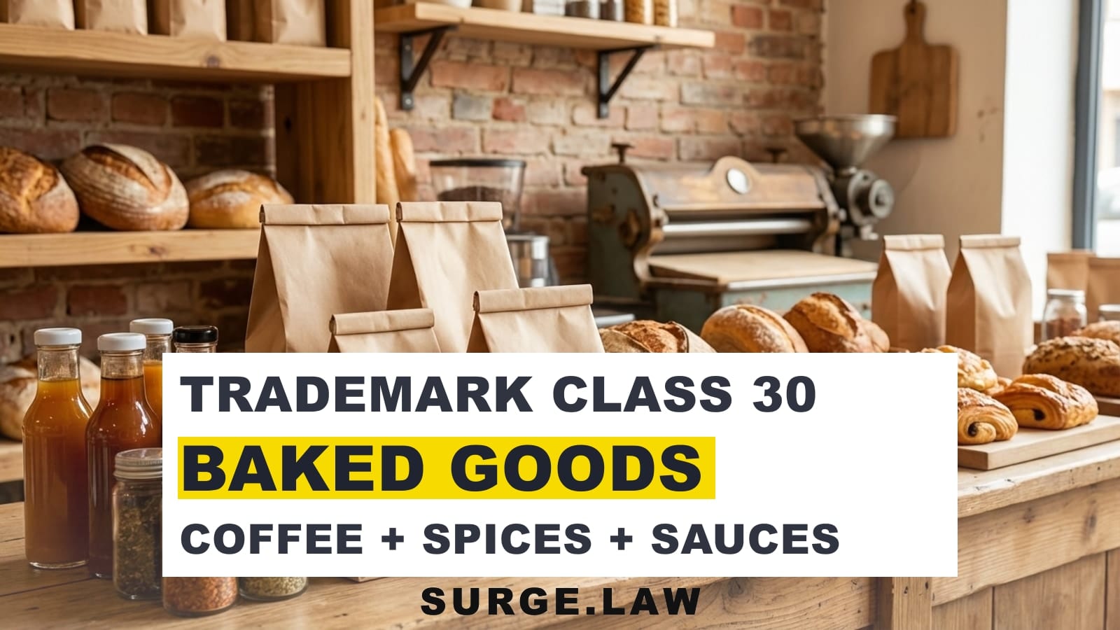 Coffee bags, pastries, bread, and spice jars representing trademark class 30 goods