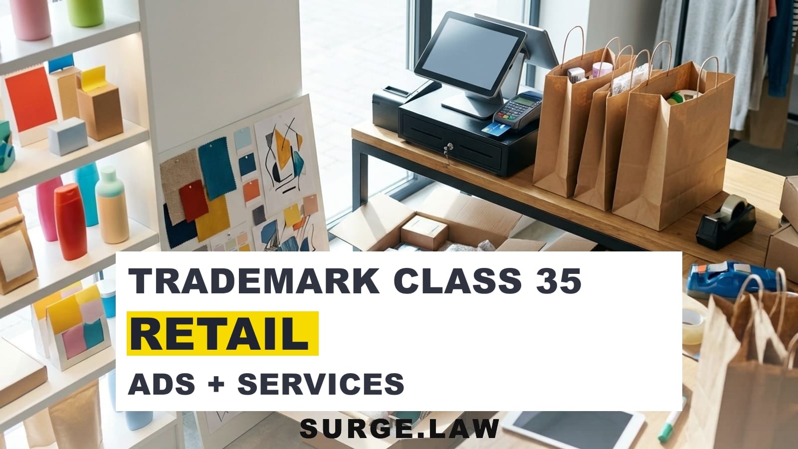 Retail display, shopping bags, delivery boxes, and point-of-sale tools representing trademark class 35 services