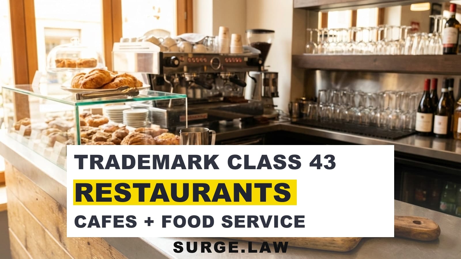 Plated meals, coffee, and cafe service elements representing trademark class 43 restaurant services