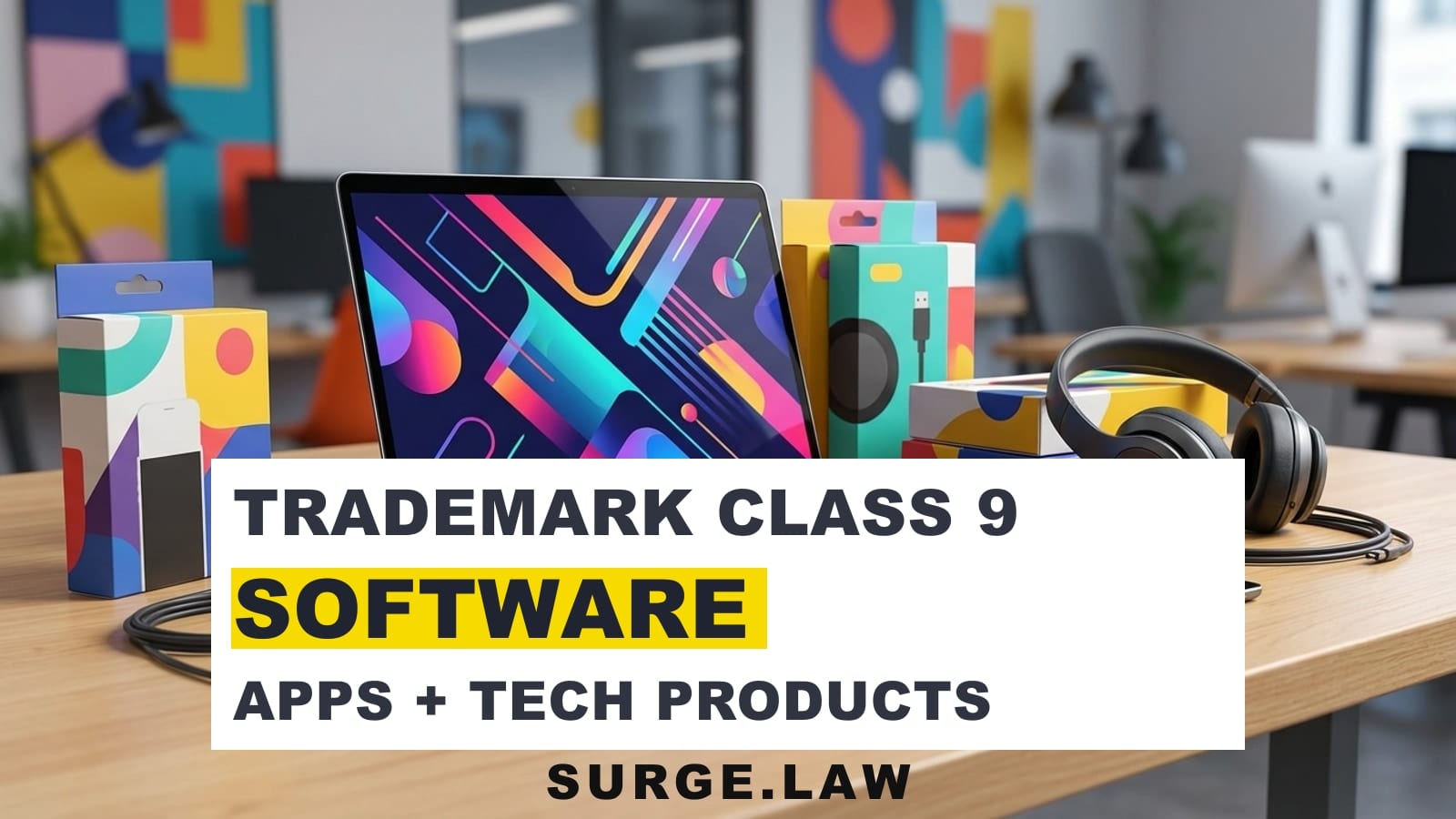 Laptop, smartphone, tablet, and gadget accessories representing trademark class 9 technology goods