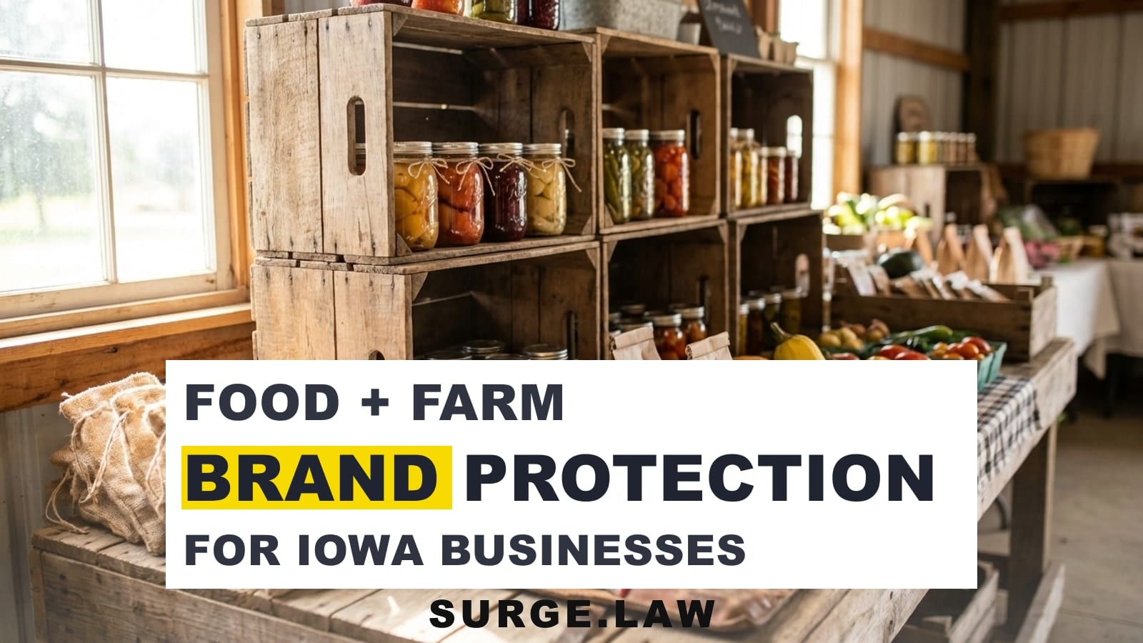 Packaged farm goods, produce crates, and food products representing an Iowa agriculture brand
