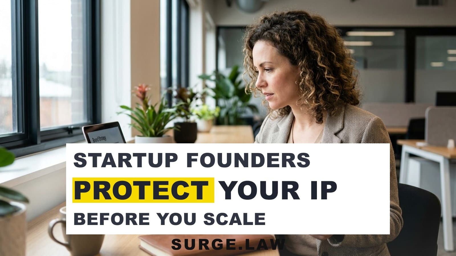 Startup founder reviewing trademark and IP strategy documents at a modern desk