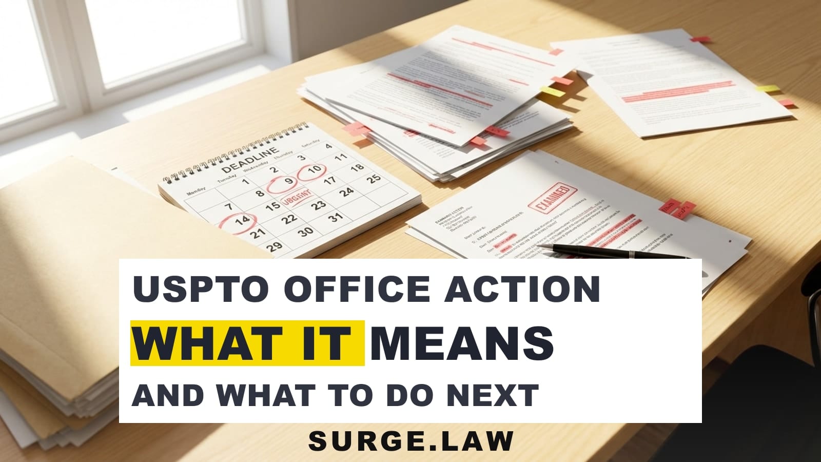 USPTO office action letter with deadline notes and a marked-up response packet