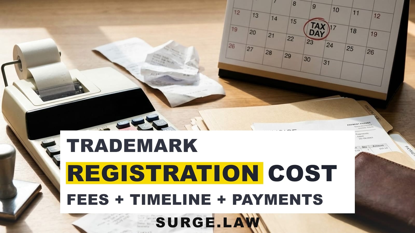 Calculator, filing folders, and payment materials representing trademark registration costs