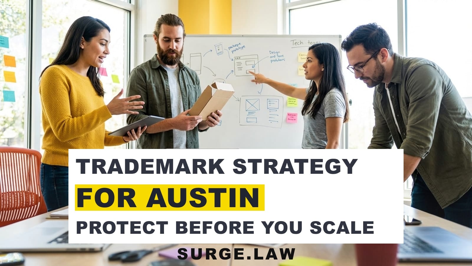 Austin startup founders reviewing branding strategy in a modern small-team workspace