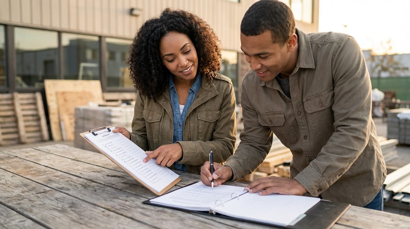 Business professionals reviewing and signing a letter of intent