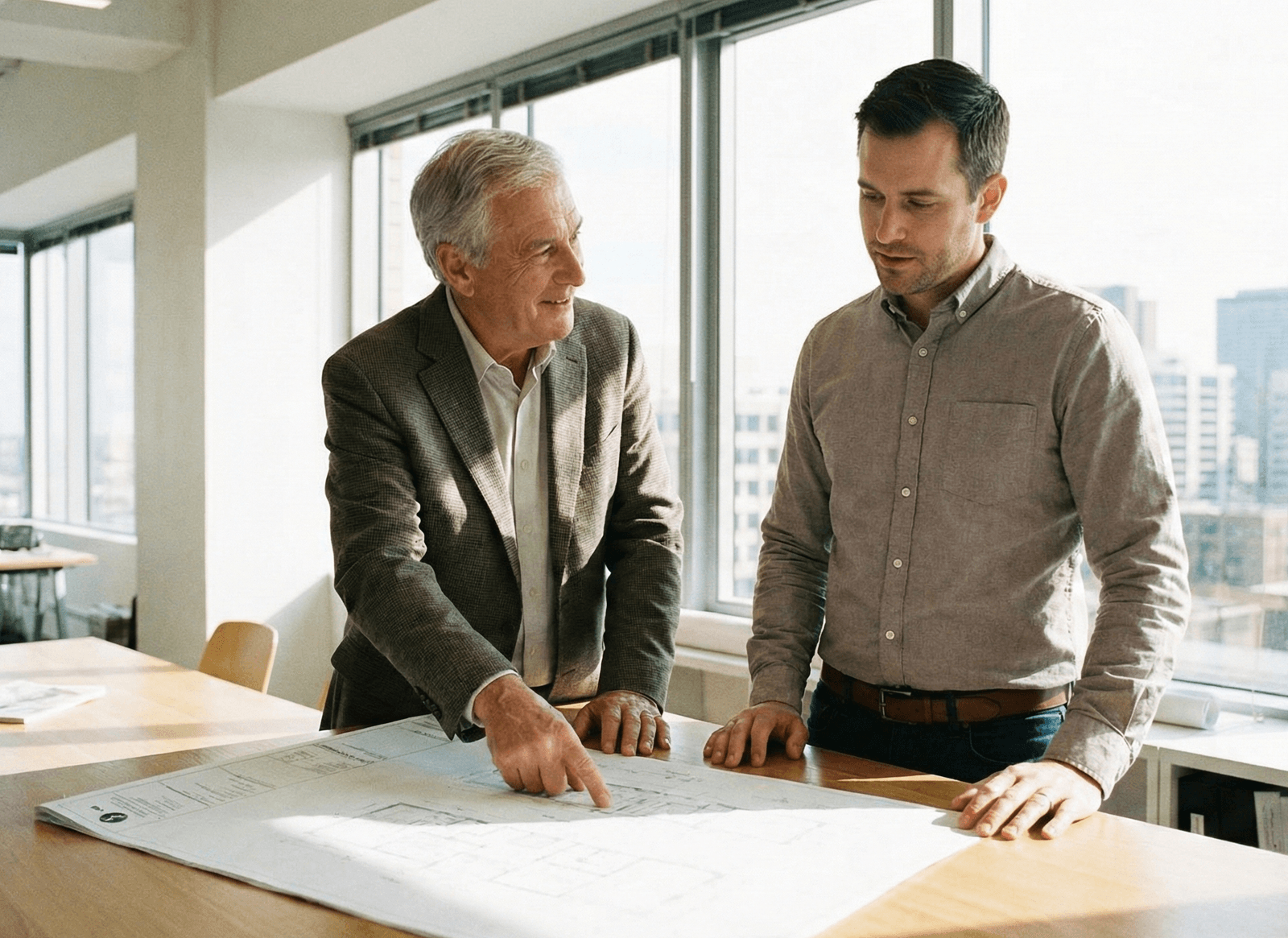 Two professionals reviewing plans together during a business transition discussion