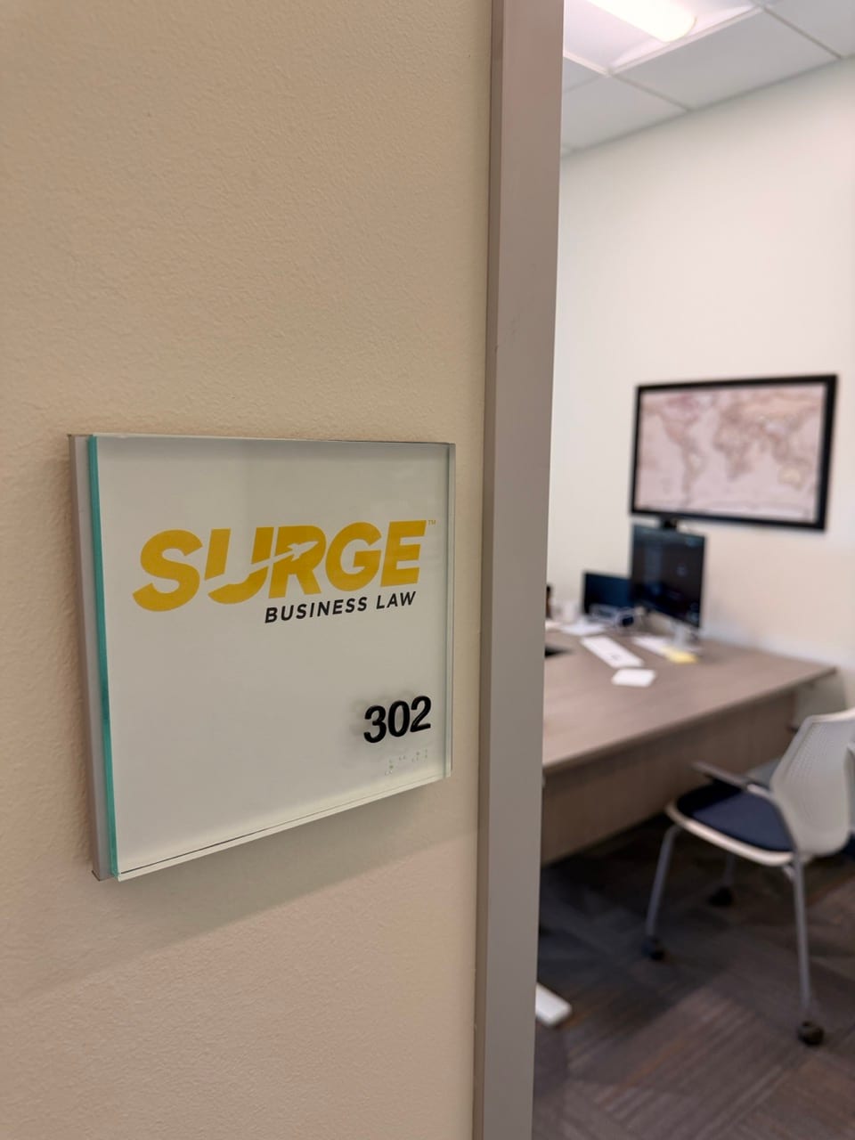 Welcome area inside suite 302 at the Surge Business Law Texas office